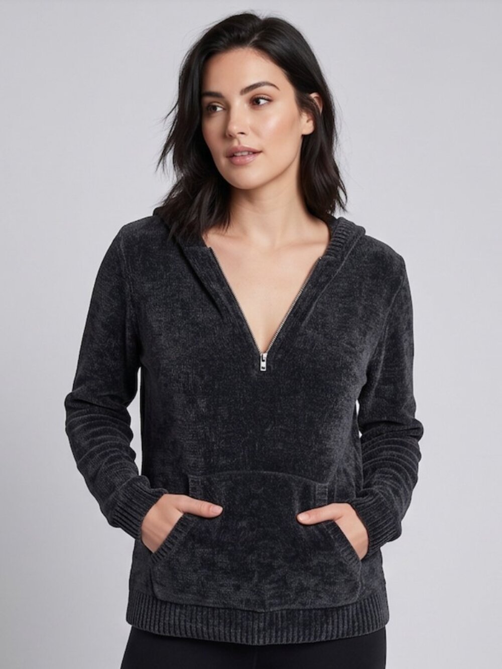 Plush Chenille Knit Half-Zip Pullover Hoodie |  Black Kangaroo Pocket Sweater